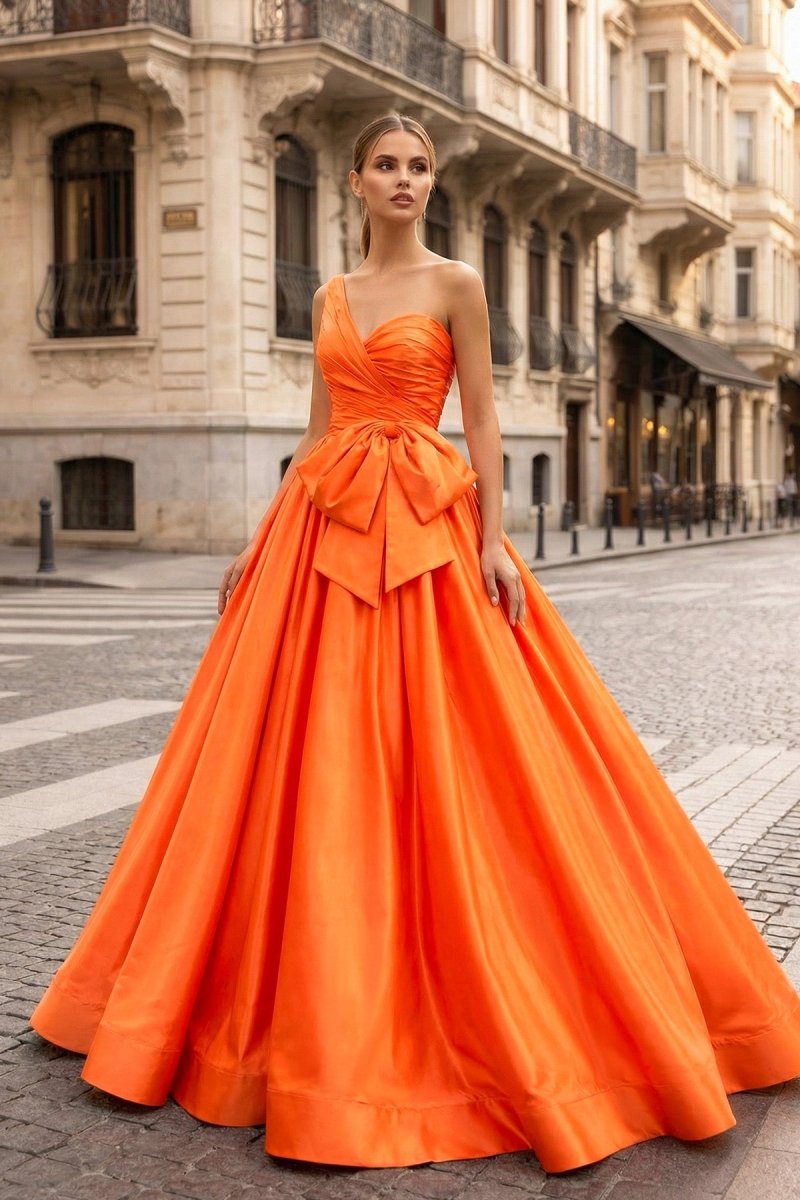 KissProm One Shoulder Satin A Line Prom Dress With Bow, Orange / 4