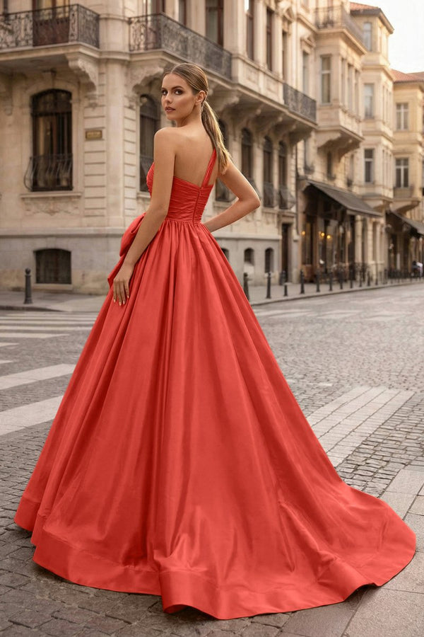 red one shoulder bow dress Red Crepe One Shoulder Bow Gown