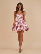 Elvy | Pink - A Line Sweetheart Floral Satin Bubble Hem Homecoming Dresses with Sequins