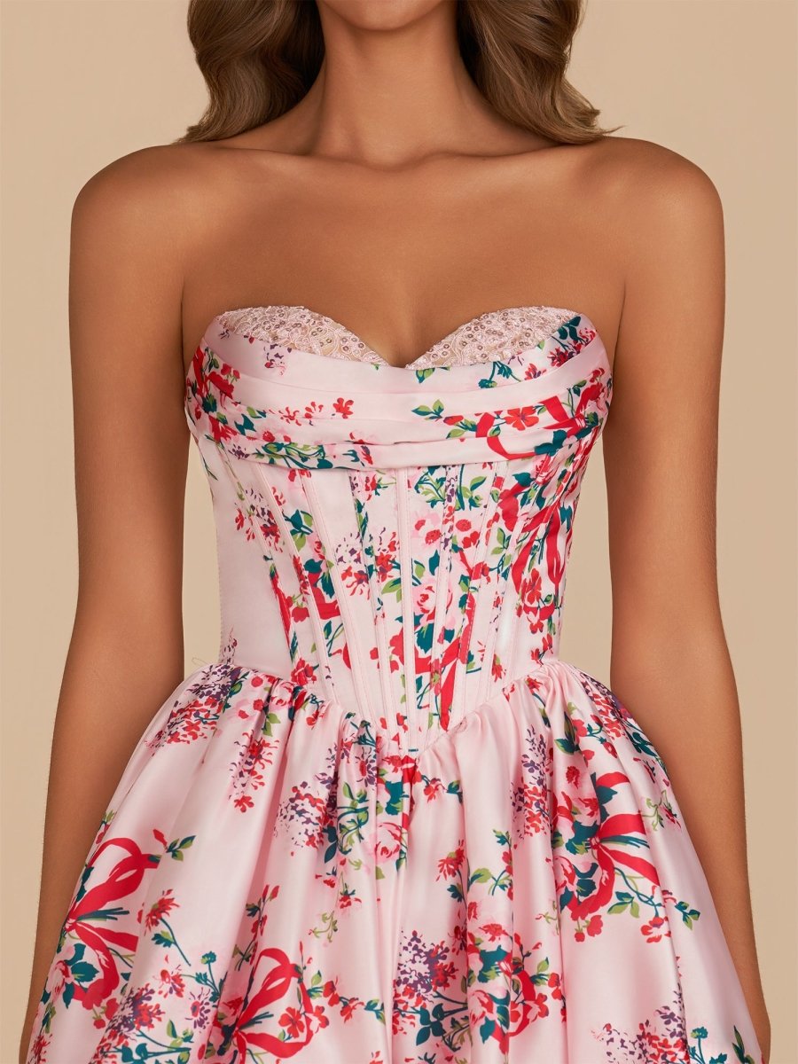 Elvy | Pink - A Line Sweetheart Floral Satin Bubble Hem Homecoming Dresses with Sequins