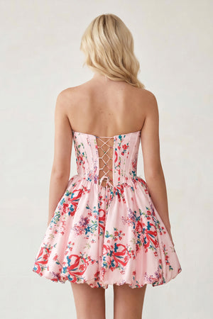 Elvy | Pink - A Line Sweetheart Floral Satin Bubble Hem Homecoming Dresses with Sequins