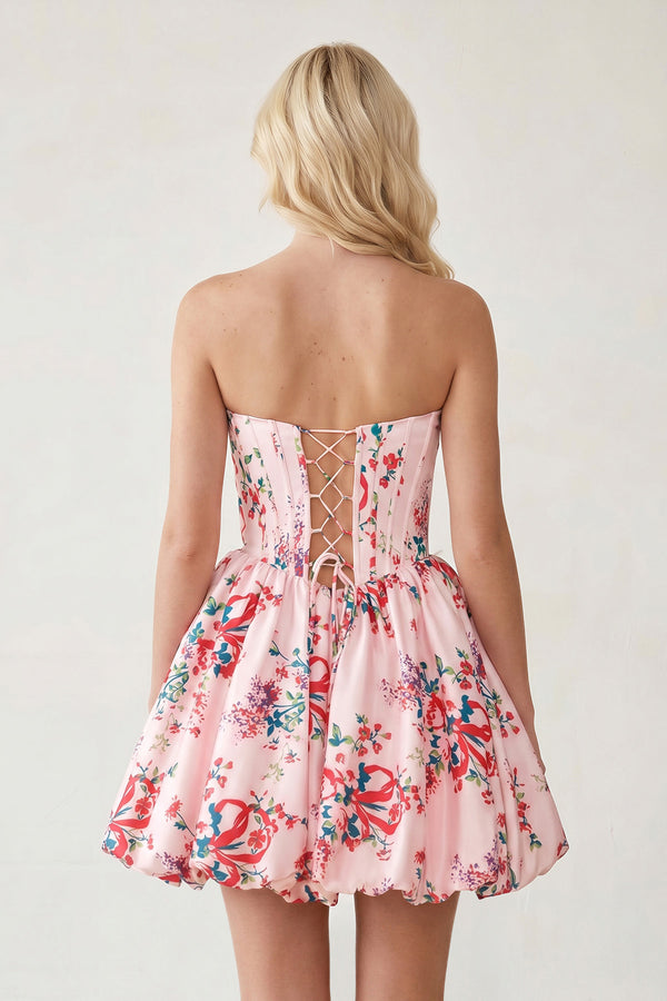 Elvy | Pink - A Line Sweetheart Floral Satin Bubble Hem Homecoming Dresses with Sequins