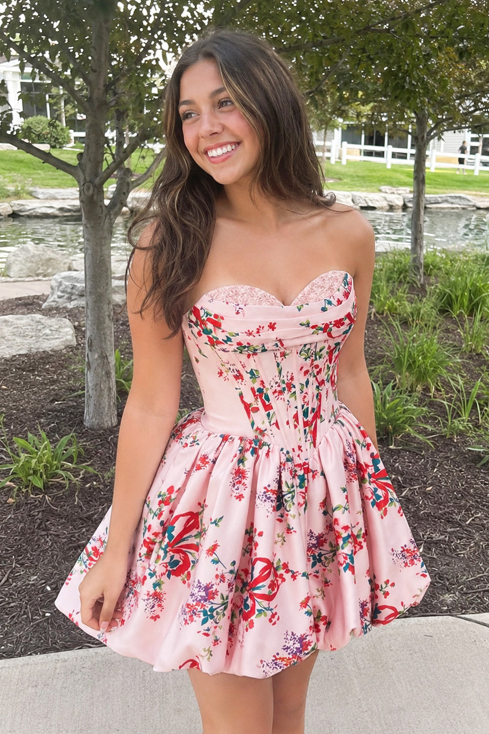 Elvy | Pink - A Line Sweetheart Floral Satin Bubble Hem Homecoming Dresses with Sequins