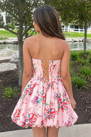 Elvy | Pink - A Line Sweetheart Floral Satin Bubble Hem Homecoming Dresses with Sequins