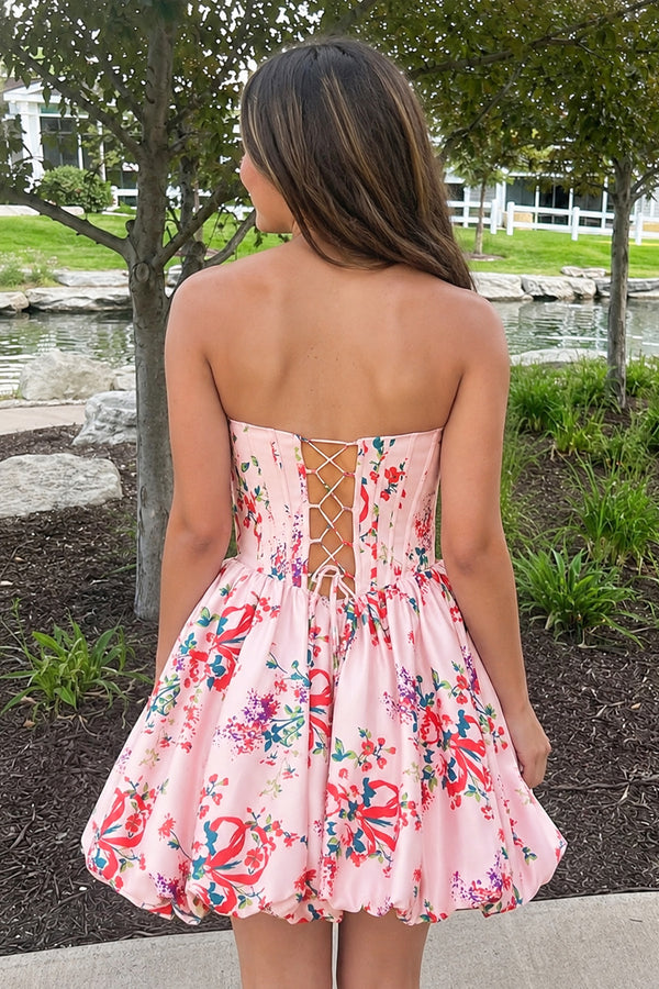 Elvy | Pink - A Line Sweetheart Floral Satin Bubble Hem Homecoming Dresses with Sequins