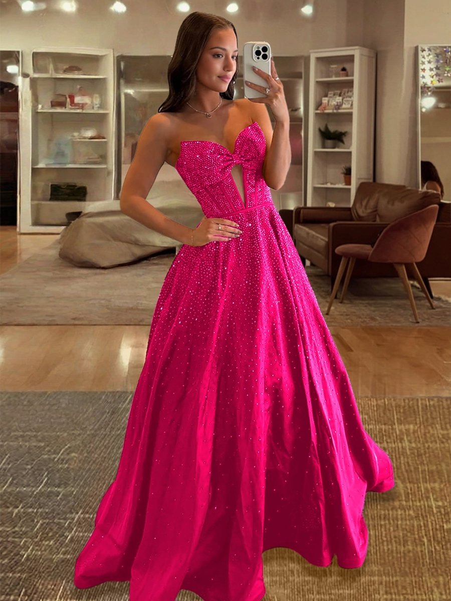 Elya | Fuchsia - Strapless Satin Beaded A Line Long Prom Dresses With Bow - KissProm