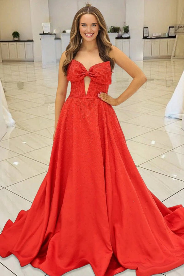 Elya | Navy Blue - Strapless Satin Beaded A Line Long Prom Dresses With Bow - KissProm