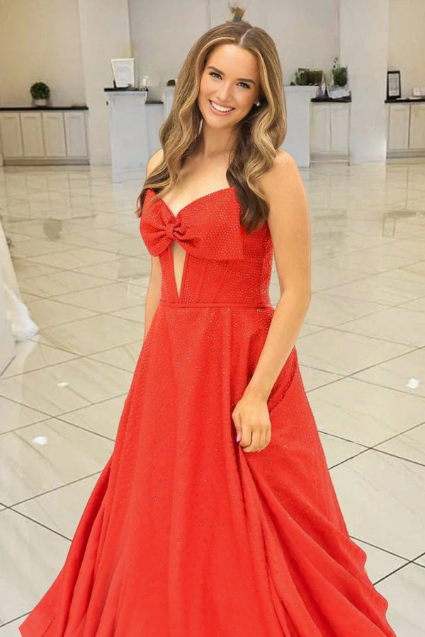 Elya | Navy Blue - Strapless Satin Beaded A Line Long Prom Dresses With Bow - KissProm