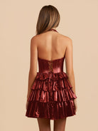 Elza | Burgundy - Halter A Line Metallic Ruffles Homecoming Dresses With Bow