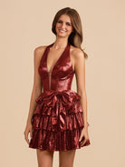 Elza | Burgundy - Halter A Line Metallic Ruffles Homecoming Dresses With Bow