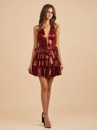 Elza | Burgundy - Halter A Line Metallic Ruffles Homecoming Dresses With Bow