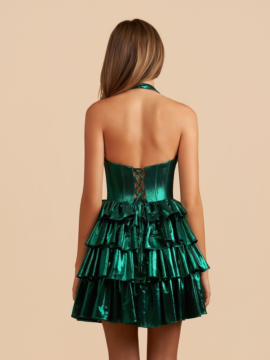 Elza | Emerald - Halter A Line Metallic Ruffles Homecoming Dresses With Bow