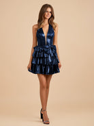 Elza | Navy Blue - Halter A Line Metallic Ruffles Homecoming Dresses With Bow