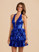 Elza | Emerald - Halter A Line Metallic Ruffles Homecoming Dresses With Bow
