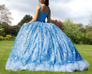 Ball Gown Lace V - Neck Sky Blue Quinceanera Dress - KissProm