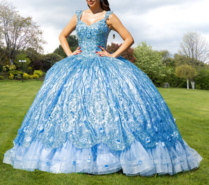 Ball Gown Lace V - Neck Sky Blue Quinceanera Dress - KissProm