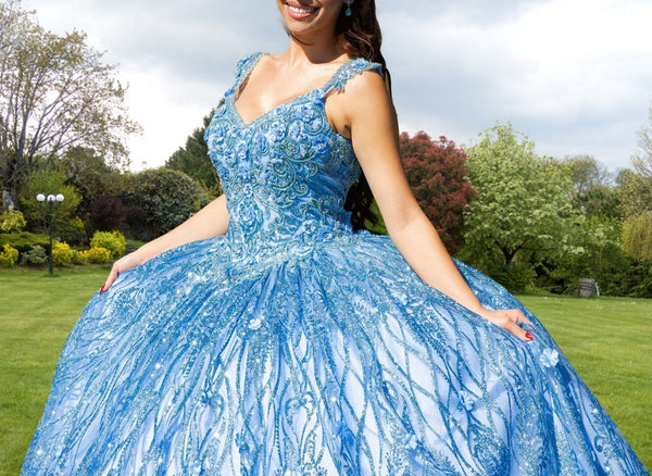 Ball Gown Lace V - Neck Sky Blue Quinceanera Dress - KissProm