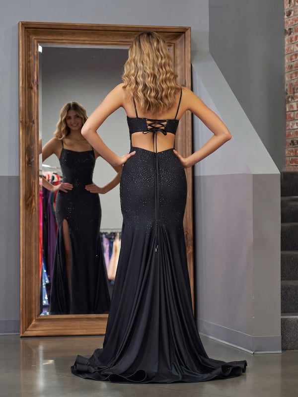 Mermaid Spaghettti Strap Beaded Satin Prom Dress with Slit - KissProm