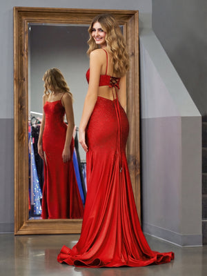 Mermaid Spaghettti Strap Beaded Satin Prom Dress with Slit - KissProm