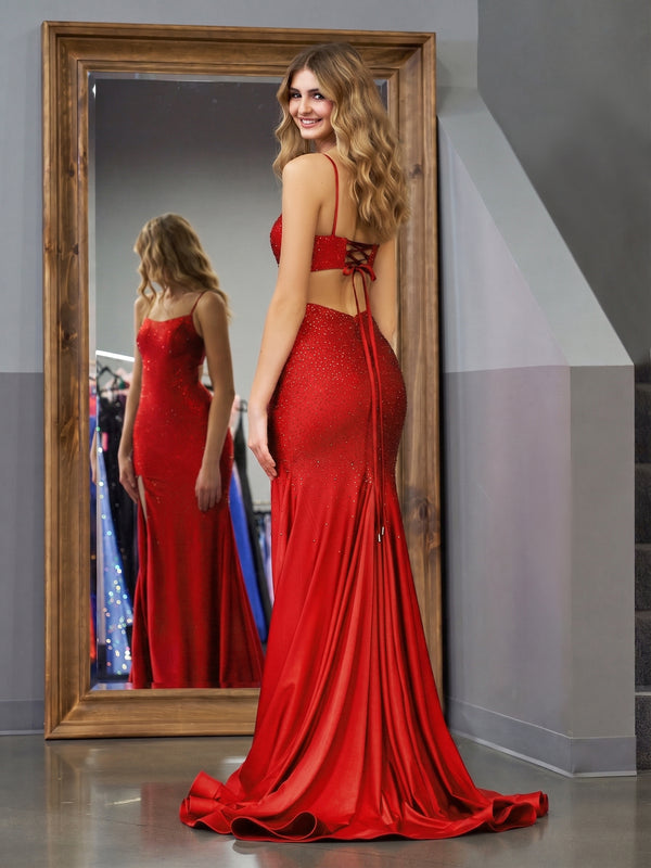 Mermaid Spaghettti Strap Beaded Satin Prom Dress with Slit - KissProm