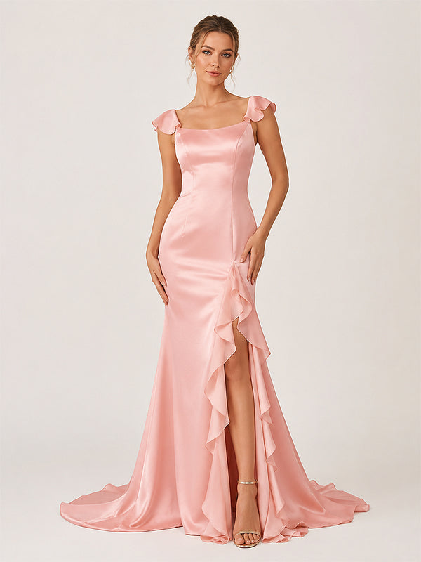 Ailani | Pink Square Neck Ruffle Slit Prom Dress-KissProm