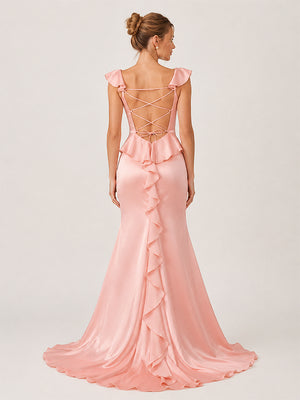 Ailani | Pink Square Neck Ruffle Slit Prom Dress-KissProm