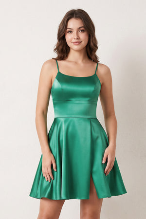 Emerald A-line Spaghetti Straps Satin Homecoming Dress | KISSPROM