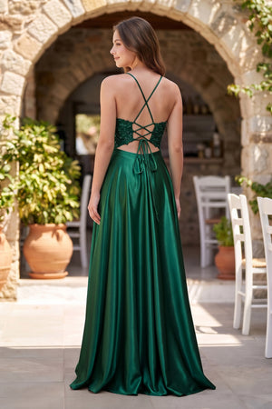 Emerald A-Line V-Neck Satin Prom Dress with Slit (2) | KISSPROM
