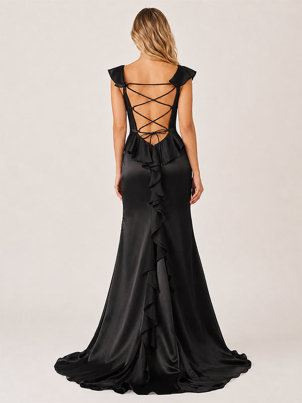 Ailani | Black Square Neck Ruffle Slit Prom Dress-KissProm