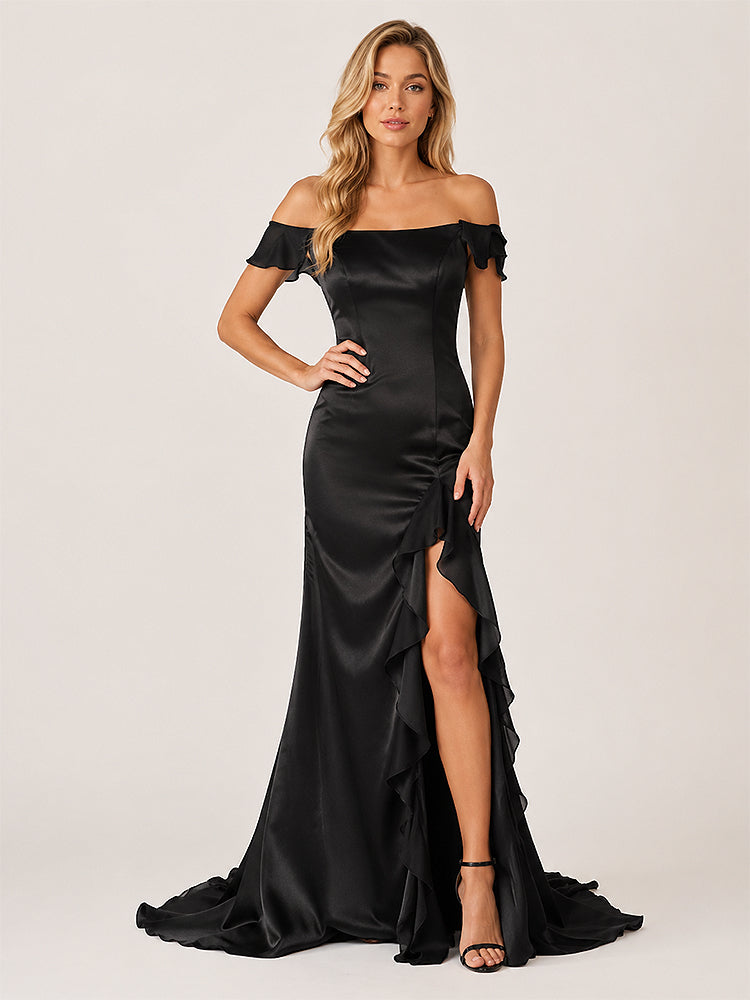 Ailani | Black Square Neck Ruffle Slit Prom Dress-KissProm