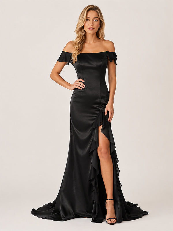 Ailani | Black Square Neck Ruffle Slit Prom Dress-KissProm