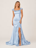 Ailani | Blue Square Neck Ruffle Slit Prom Dress-KissProm