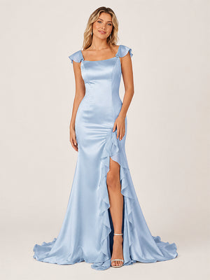 Ailani | Blue Square Neck Ruffle Slit Prom Dress-KissProm