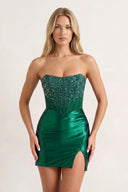 Emerald Bodycon Strapless Satin Corset Homecoming Dress with Beads | KISSPROM