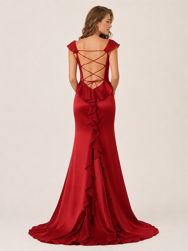 Ailani | Burgundy Square Neck Ruffle Slit Prom Dress-KissProm