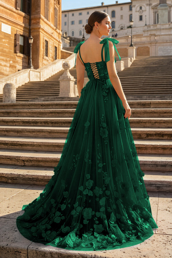 KissProm-Emerald Scarlet Tulle A-line 3D Flower Long Prom Dress With Slit
