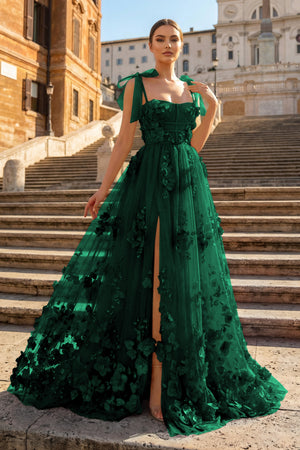 KissProm-Emerald Scarlet Tulle A-line 3D Flower Long Prom Dress With Slit