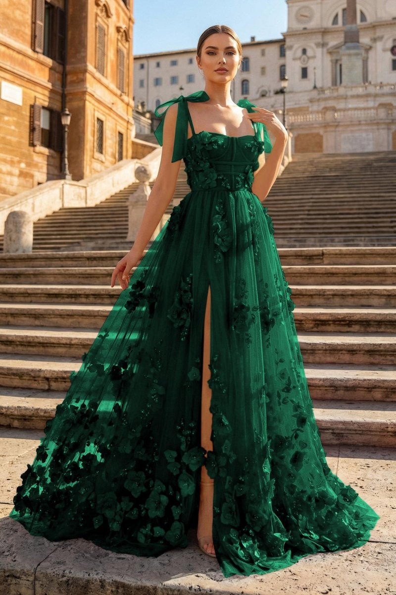 Scarlet Tulle A-line 3D Flower Long Prom Dress With Slit, Dark Green / Custom Size Scarlet Tulle A-line 3D Flower Long Prom Dress With Slit, Dark Green / Custom Size