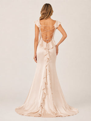 Ailani | Champagne Square Neck Ruffle Slit Prom Dress-KissProm