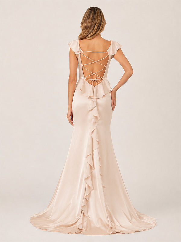 Ailani | Champagne Square Neck Ruffle Slit Prom Dress-KissProm