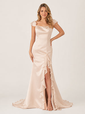 Ailani | Champagne Square Neck Ruffle Slit Prom Dress-KissProm