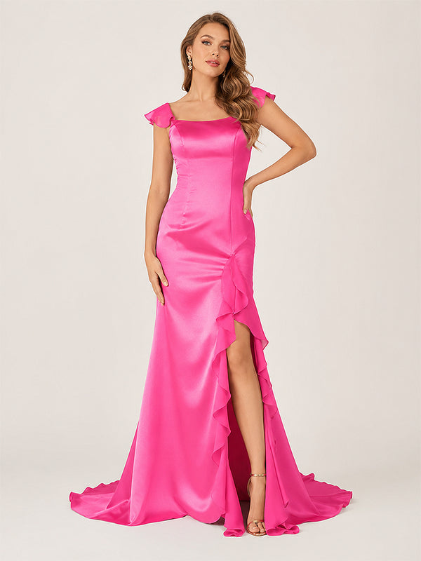 Ailani | Fuchsia Square Neck Ruffle Slit Prom Dress-KissProm