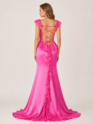 Ailani | Fuchsia Square Neck Ruffle Slit Prom Dress-KissProm