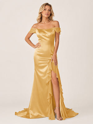 Ailani | Golden Square Neck Ruffle Slit Prom Dress-KissProm