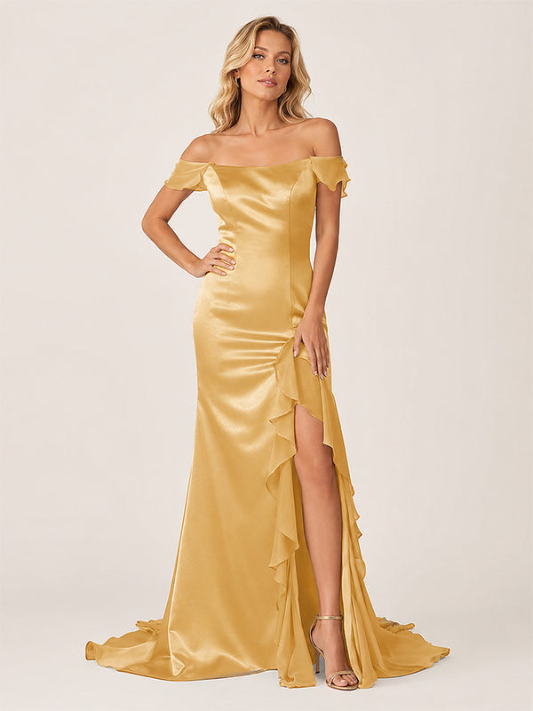 Ailani | Golden Square Neck Ruffle Slit Prom Dress-KissProm