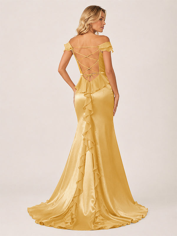 Ailani | Golden Square Neck Ruffle Slit Prom Dress-KissProm