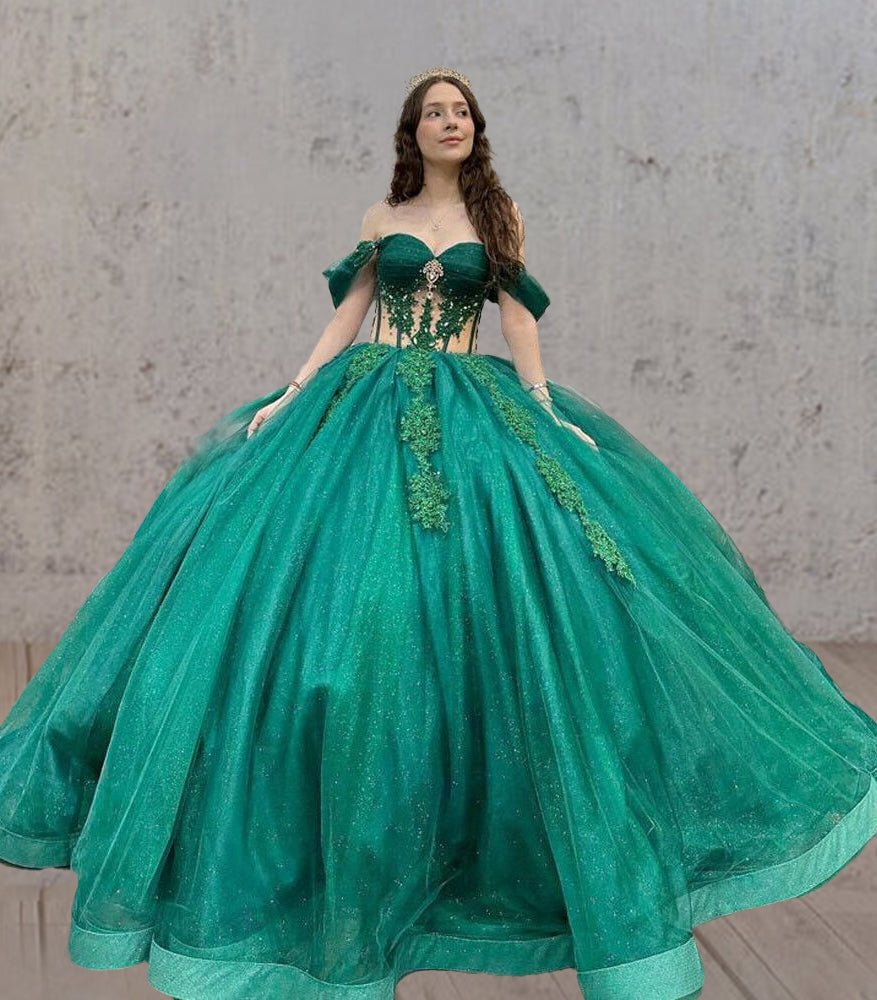 Emerald Green Ball-Gown Tulle Off-The-Shoulder Quinceanera Dresses, Emerald / 6