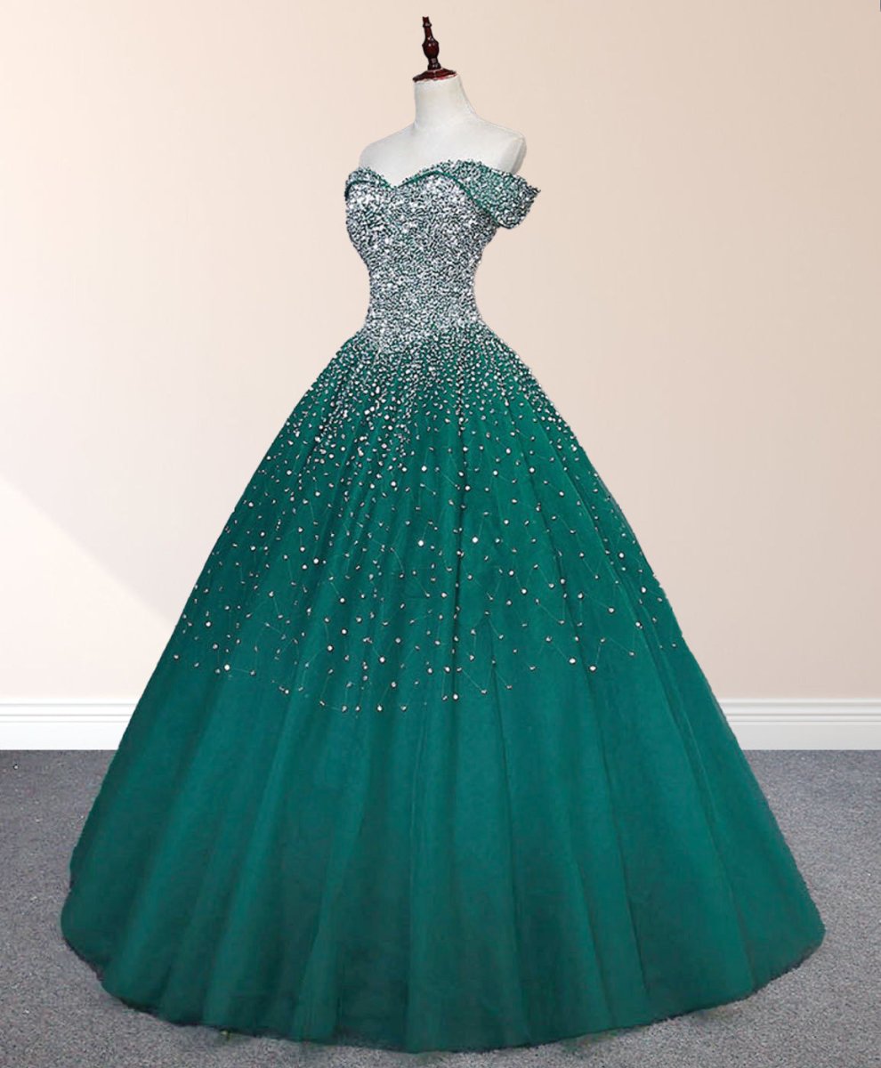 emerald green sequin prom dresses Emerald Green Off The Shoulder Tulle Quinceanera Dresses With Beadings Emerald Green / 14