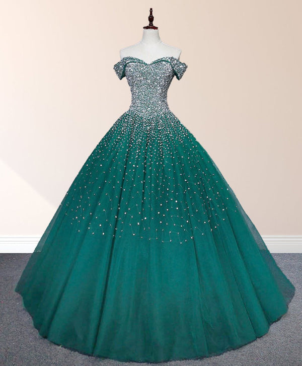 emerald green quince dress Emerald Green Off The Shoulder Tulle Quinceanera Dresses With Beadings, Emerald Green / 14