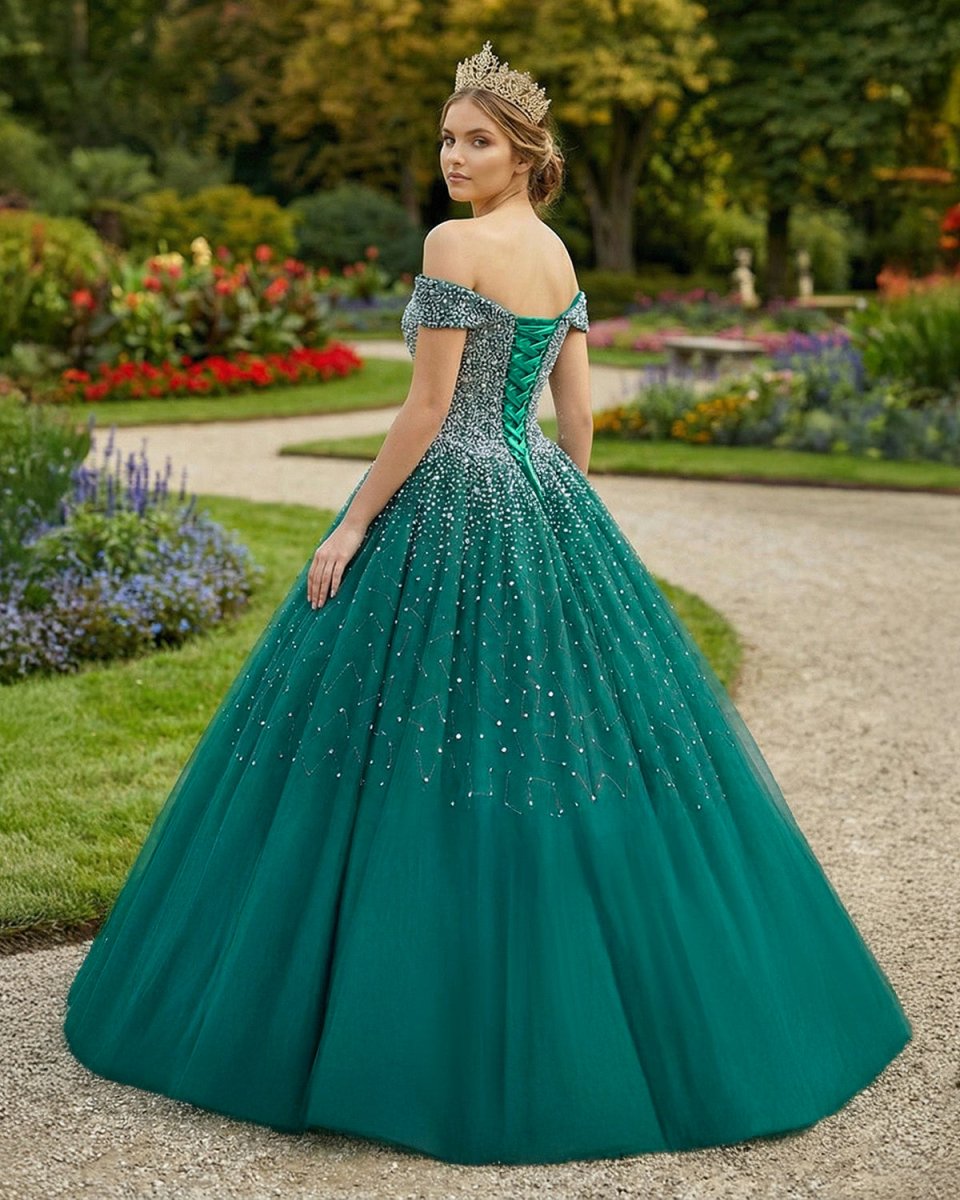Emerald Green Off The Shoulder Tulle Quinceanera Dresses With Beadings Emerald Green Off The Shoulder Tulle Quinceanera Dresses With Beadings